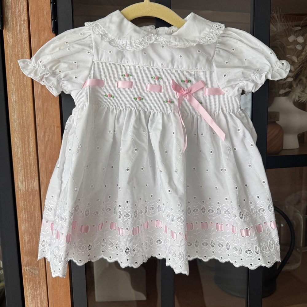 Vintage 2001 Smocked heirloom dress bow lace collar rosettes baby embroidered